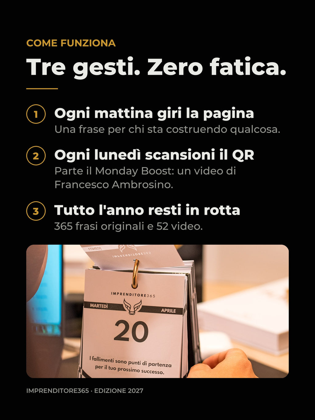 Come funziona il Calendario: una pagina al giorno, QR ogni lunedì, 365 frasi e 52 video