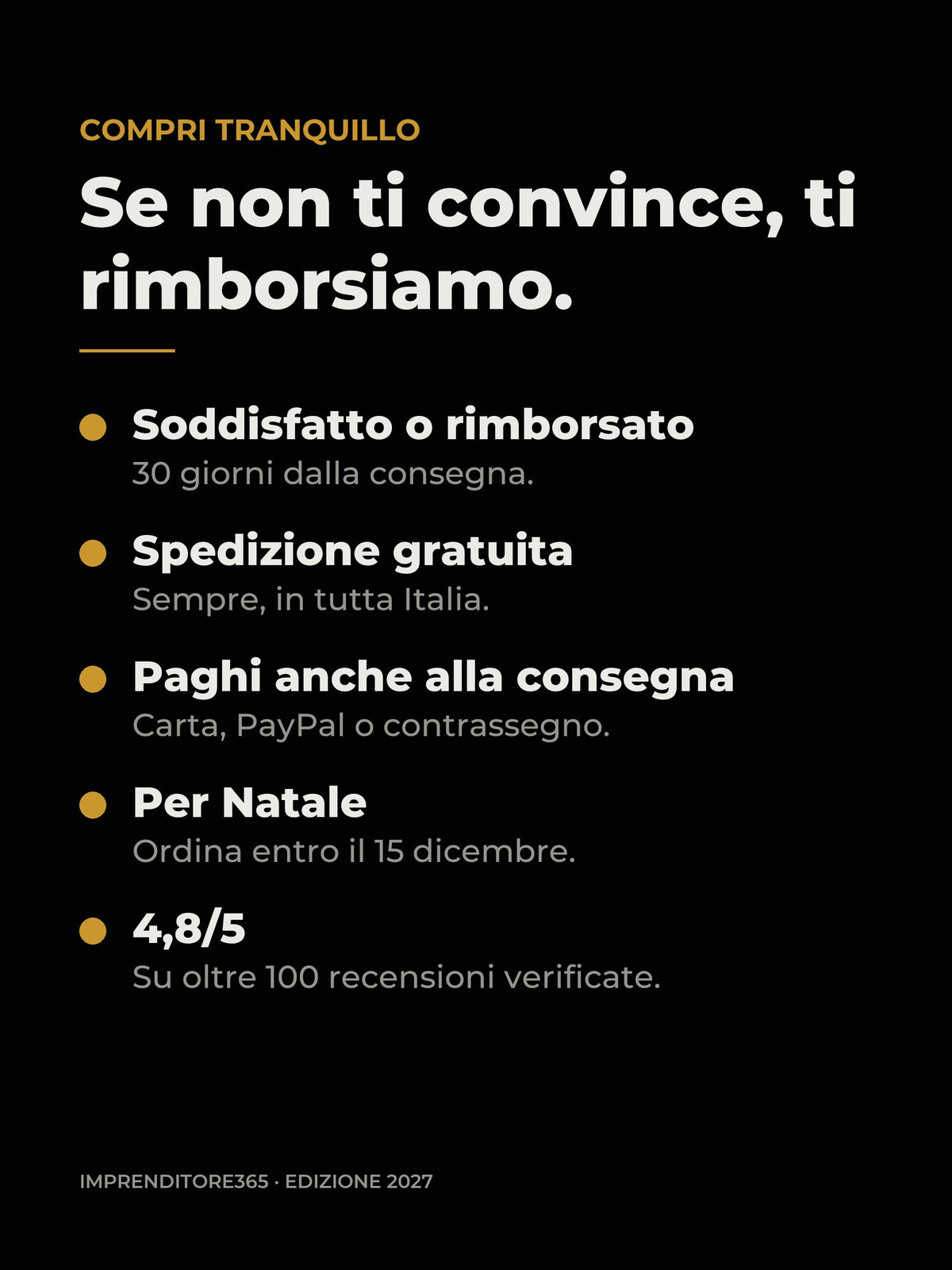 Soddisfatto o rimborsato 30 giorni, spedizione gratuita, pagamento alla consegna